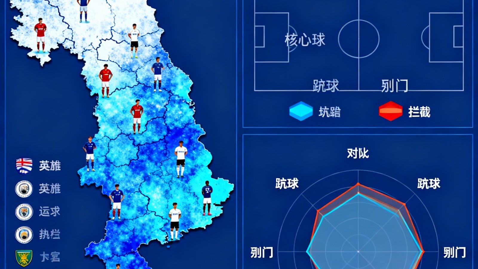 51直播深度数据统计面板，左侧显示英超球员热力图覆盖区域，右侧以雷达图对比两队核心球员的传球、射门、拦截等六维数据指标